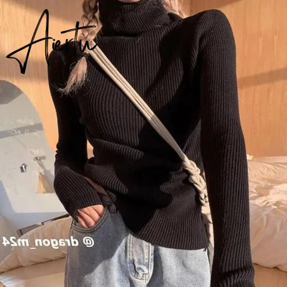 Simple Turtleneck Sweater Women Autumn Winter Casual Solid Color Slim Elastic Knit Pullover Female Soft Warm Jumper Basic Tops Aiertu