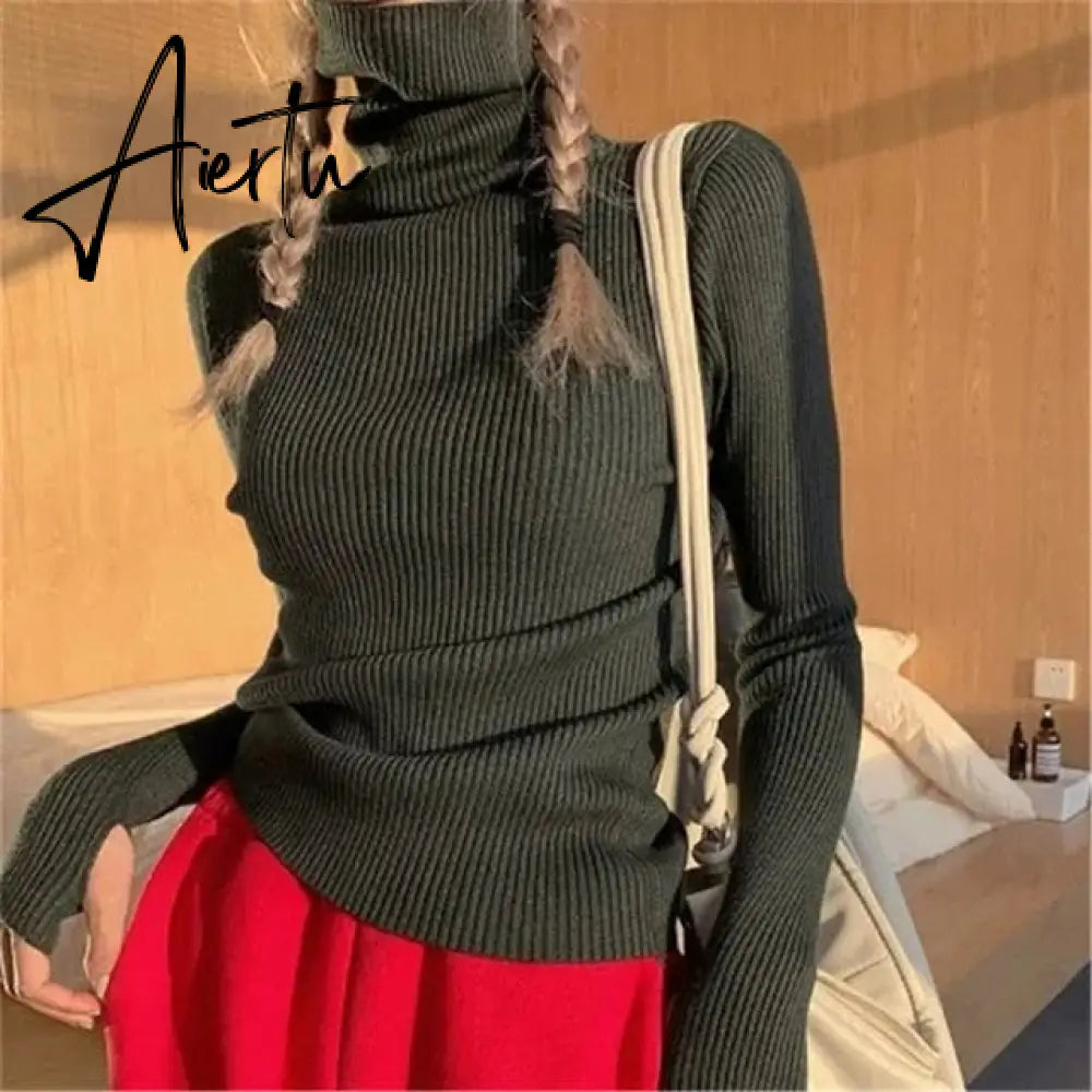 Simple Turtleneck Sweater Women Autumn Winter Casual Solid Color Slim Elastic Knit Pullover Female Soft Warm Jumper Basic Tops Aiertu