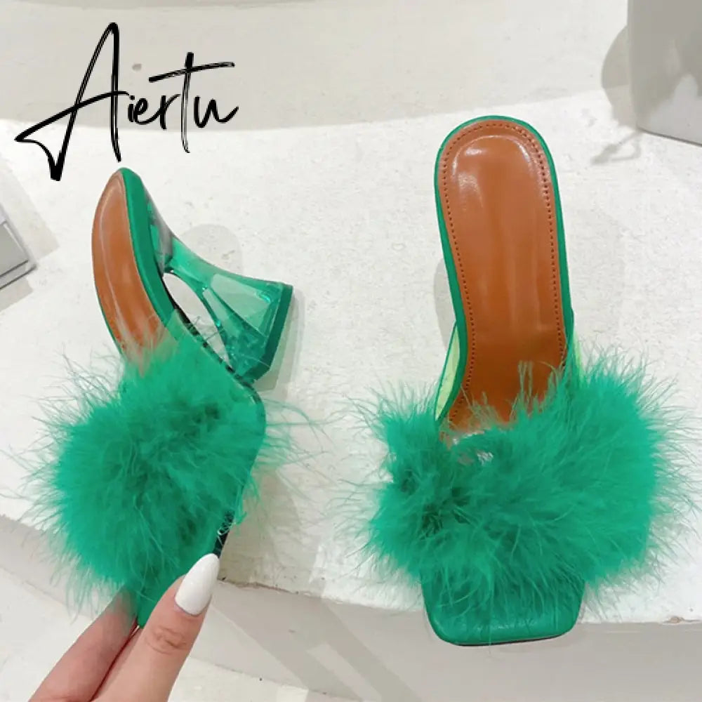 Size 35-41 Sexy Strange Transparent Heels Slippers Fashion Fur Feather Summer Sandals Peep Toe Slip-On Clear Shoes Women Slides Aiertu