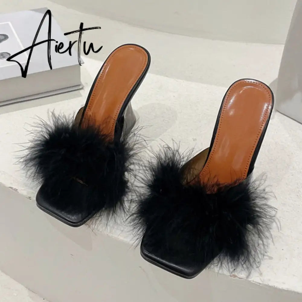 Size 35-41 Sexy Strange Transparent Heels Slippers Fashion Fur Feather Summer Sandals Peep Toe Slip-On Clear Shoes Women Slides Aiertu