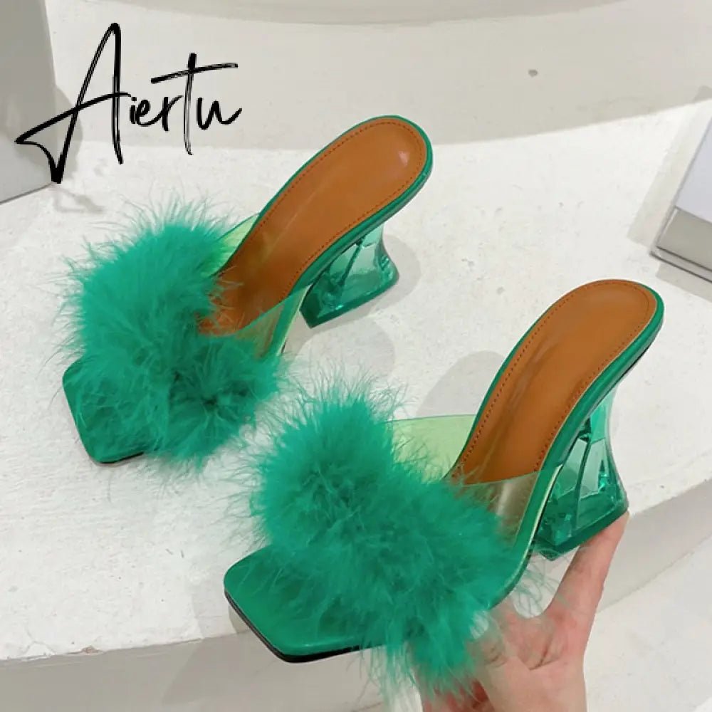 Size 35-41 Sexy Strange Transparent Heels Slippers Fashion Fur Feather Summer Sandals Peep Toe Slip-On Clear Shoes Women Slides Aiertu