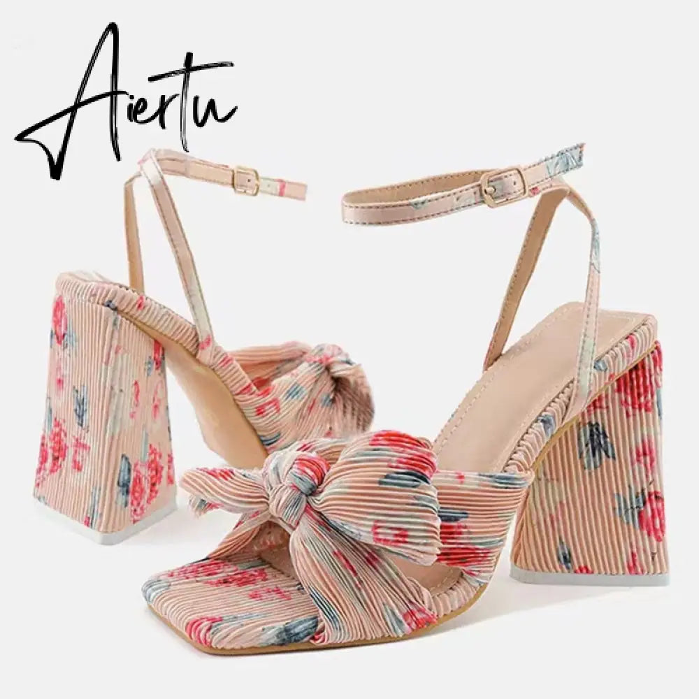 Size 44 45 46 Fashion Pleated Butterfly-Knot Womens Sandals Gladiator Peep Toe Buckle Strap Triangle High Heels Dress Shoe Aiertu