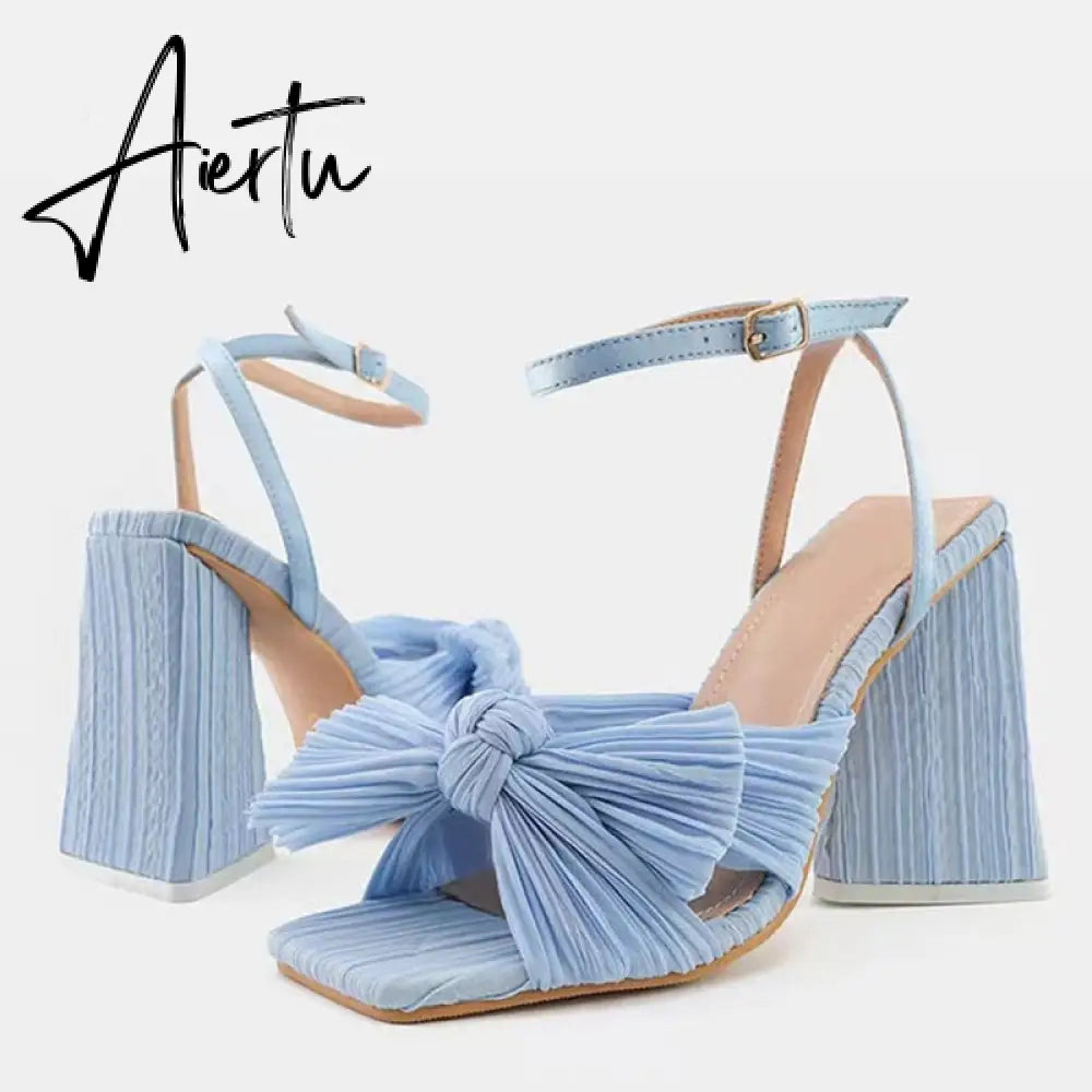 Size 44 45 46 Fashion Pleated Butterfly-Knot Womens Sandals Gladiator Peep Toe Buckle Strap Triangle High Heels Dress Shoe Aiertu