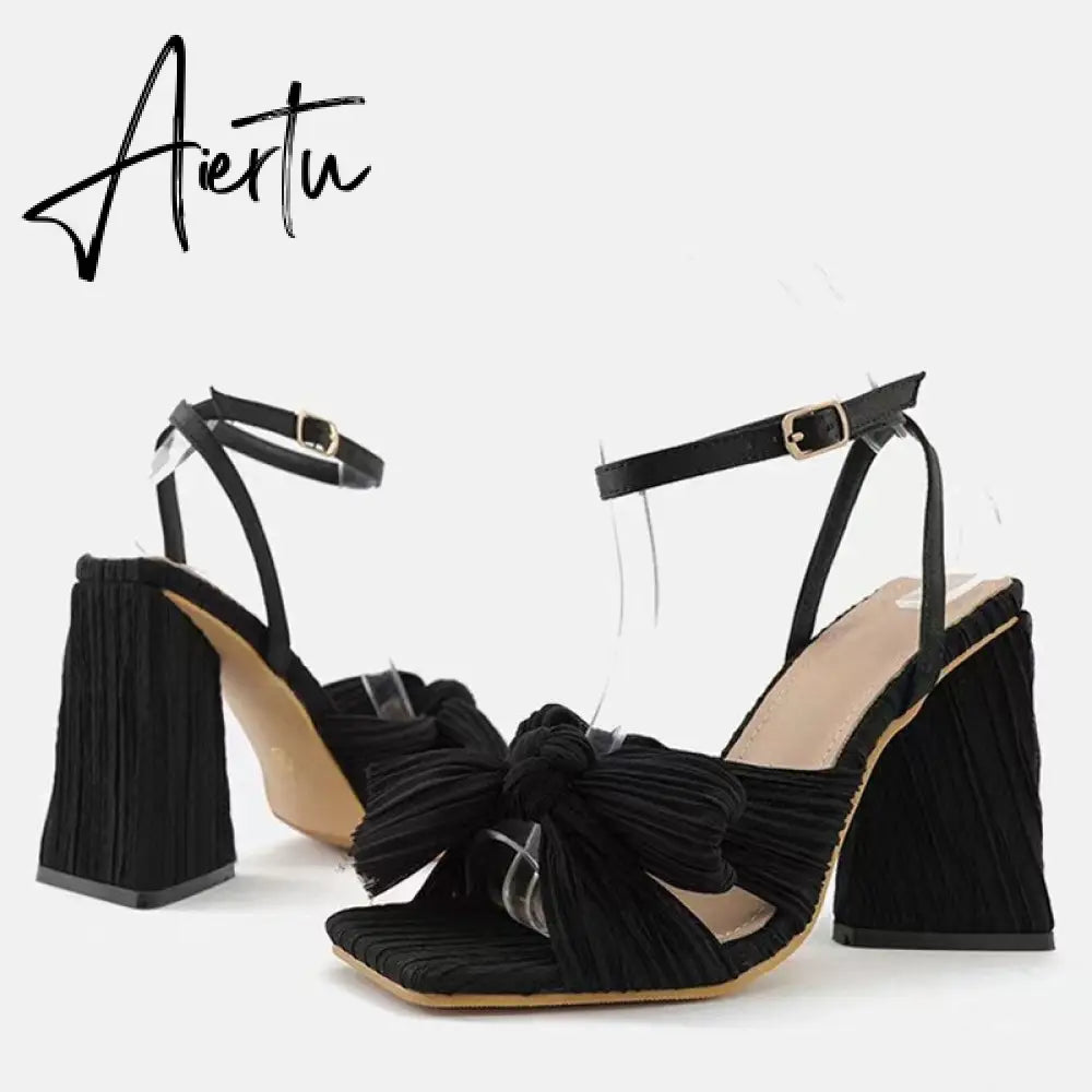 Size 44 45 46 Fashion Pleated Butterfly-Knot Womens Sandals Gladiator Peep Toe Buckle Strap Triangle High Heels Dress Shoe Aiertu