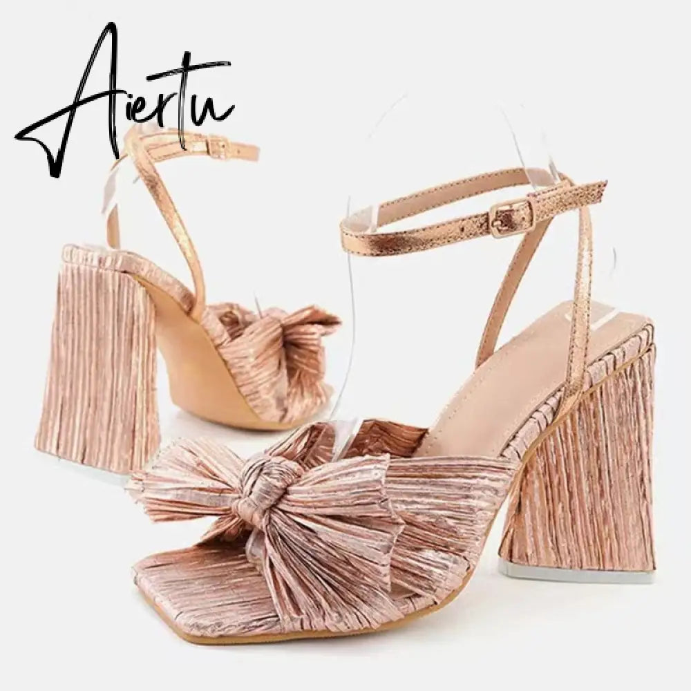 Size 44 45 46 Fashion Pleated Butterfly-Knot Womens Sandals Gladiator Peep Toe Buckle Strap Triangle High Heels Dress Shoe Aiertu