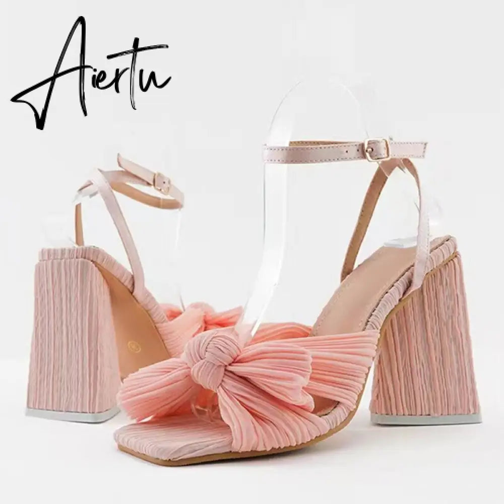 Size 44 45 46 Fashion Pleated Butterfly-Knot Womens Sandals Gladiator Peep Toe Buckle Strap Triangle High Heels Dress Shoe Aiertu
