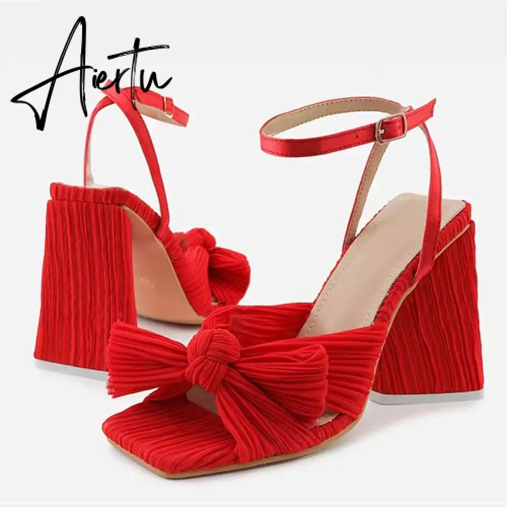 Size 44 45 46 Fashion Pleated Butterfly-Knot Womens Sandals Gladiator Peep Toe Buckle Strap Triangle High Heels Dress Shoe Aiertu