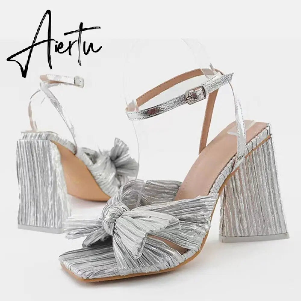 Size 44 45 46 Fashion Pleated Butterfly-Knot Womens Sandals Gladiator Peep Toe Buckle Strap Triangle High Heels Dress Shoe Aiertu