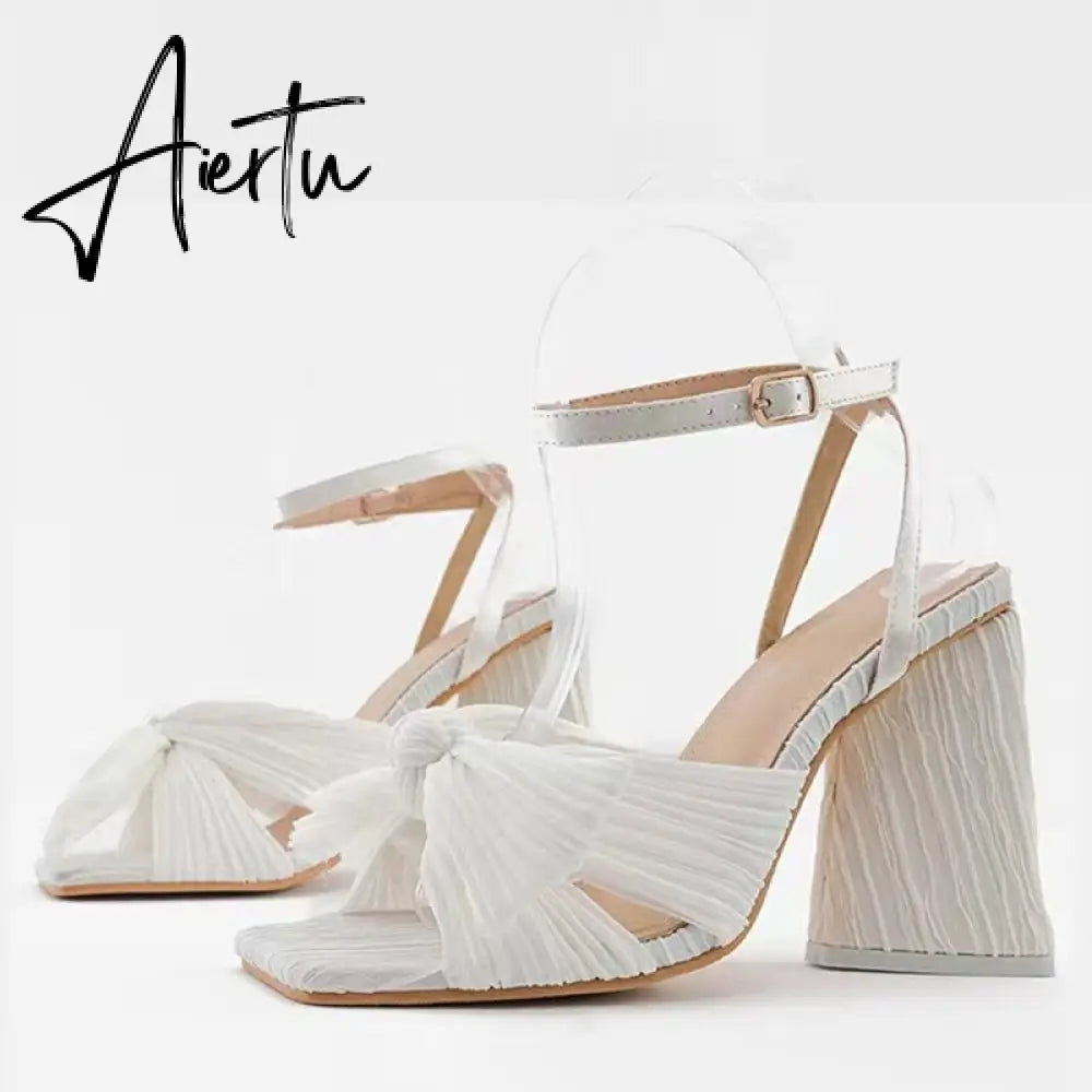 Size 44 45 46 Fashion Pleated Butterfly-Knot Womens Sandals Gladiator Peep Toe Buckle Strap Triangle High Heels Dress Shoe Aiertu