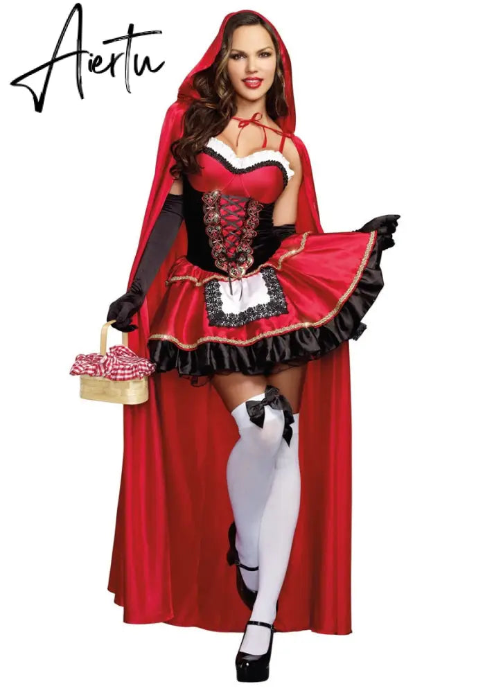 Size S-6XL Halloween Ladies Little Red Riding Hood Costume Fantasy Hen Party Robe Cosplay Game Uniform Fancy Dress Aiertu