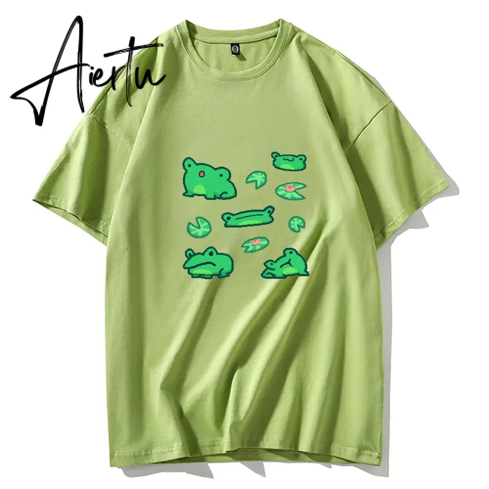 Skateboard Frog Dinosaur Cute Graphic Tee Women Tshirt Green Aesthetic Oversized T Shirt Harajuku Casual Summer Tops Aiertu