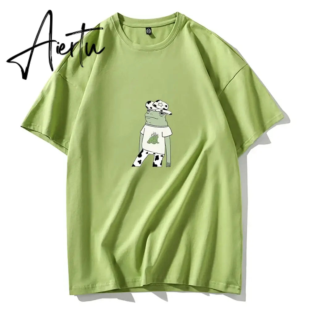 Skateboard Frog Dinosaur Cute Graphic Tee Women Tshirt Green Aesthetic Oversized T Shirt Harajuku Casual Summer Tops Aiertu