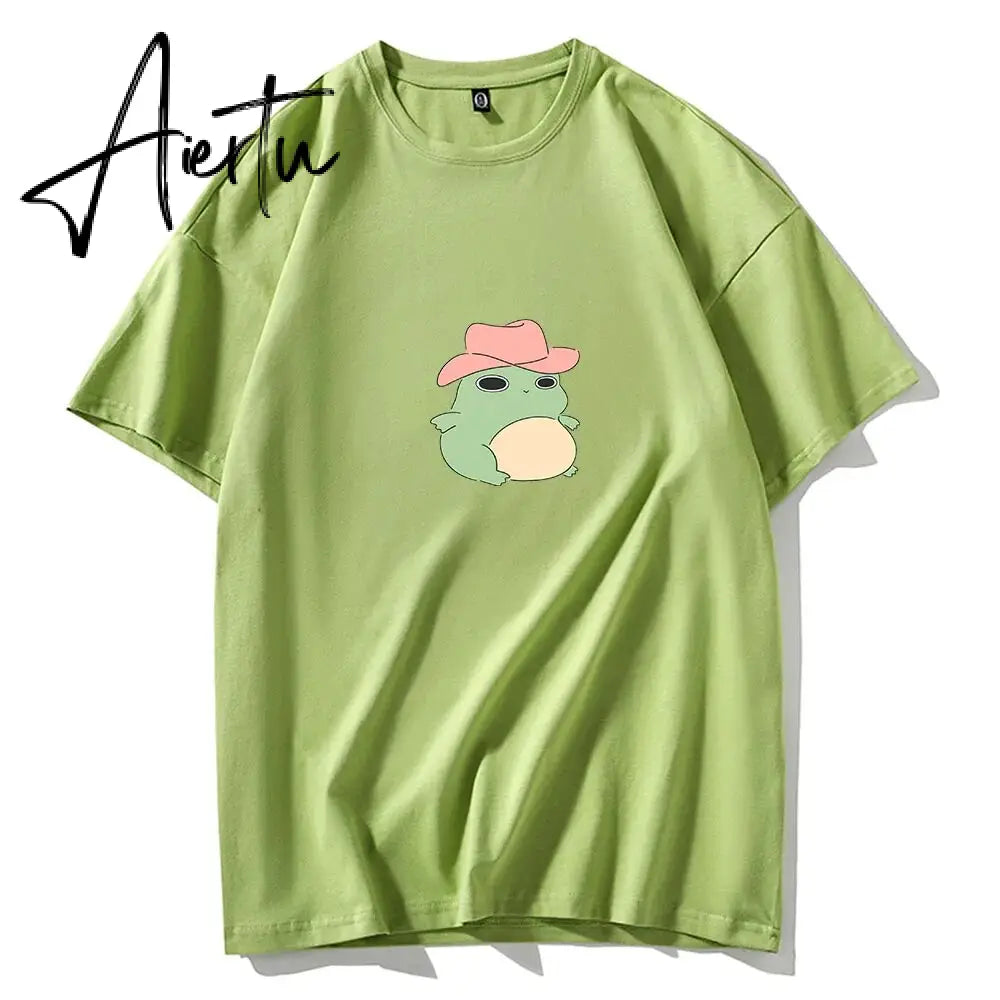 Skateboard Frog Dinosaur Cute Graphic Tee Women Tshirt Green Aesthetic Oversized T Shirt Harajuku Casual Summer Tops Aiertu