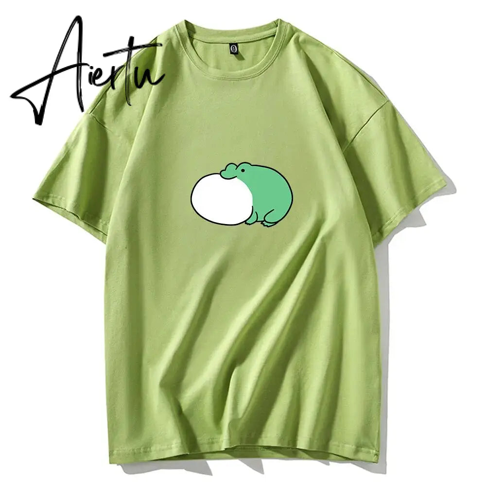 Skateboard Frog Dinosaur Cute Graphic Tee Women Tshirt Green Aesthetic Oversized T Shirt Harajuku Casual Summer Tops Aiertu