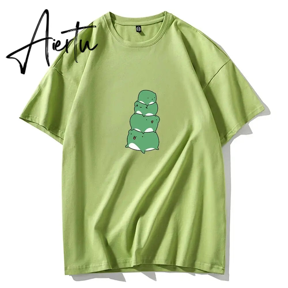 Skateboard Frog Dinosaur Cute Graphic Tee Women Tshirt Green Aesthetic Oversized T Shirt Harajuku Casual Summer Tops Aiertu