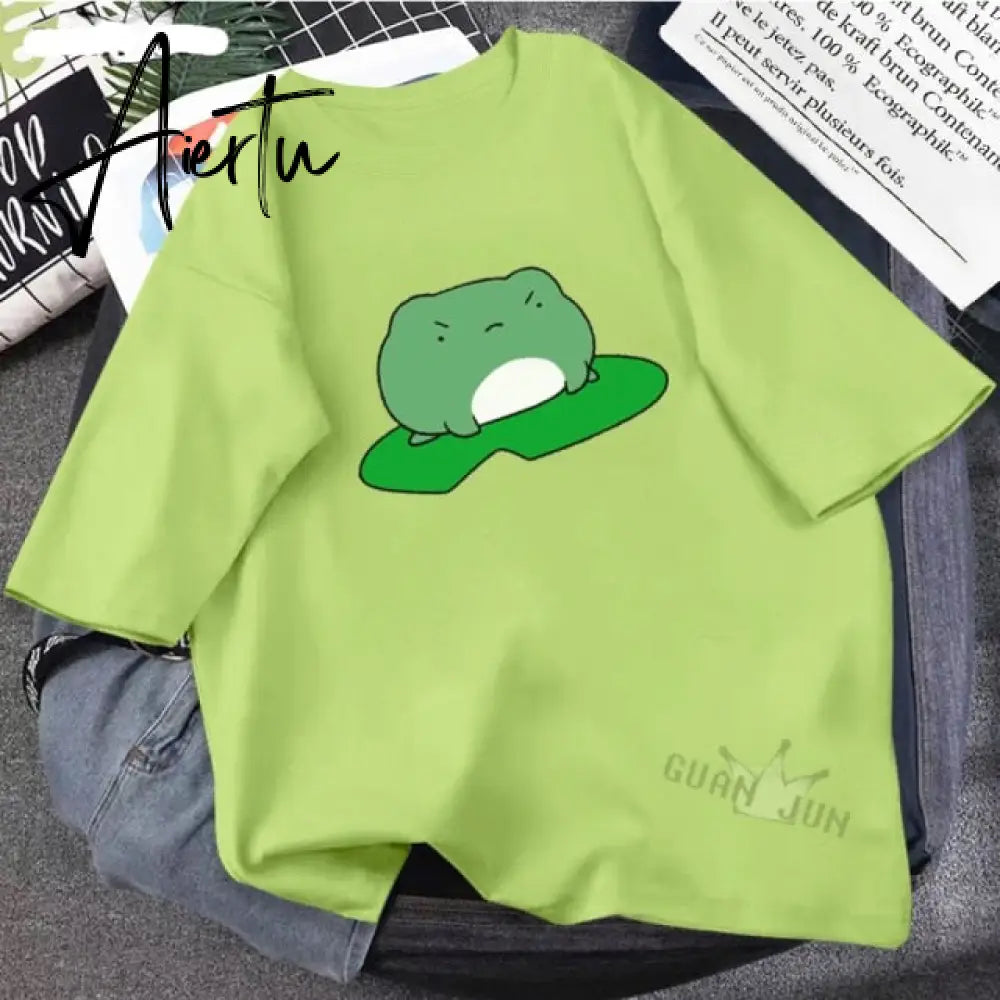 Skateboard Frog Dinosaur Cute Graphic Tee Women Tshirt Green Aesthetic Oversized T Shirt Harajuku Casual Summer Tops Aiertu