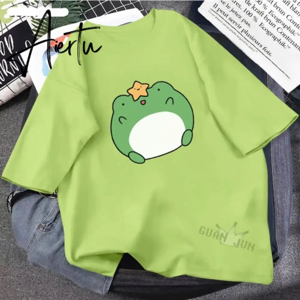 Skateboard Frog Dinosaur Cute Graphic Tee Women Tshirt Green Aesthetic Oversized T Shirt Harajuku Casual Summer Tops Aiertu