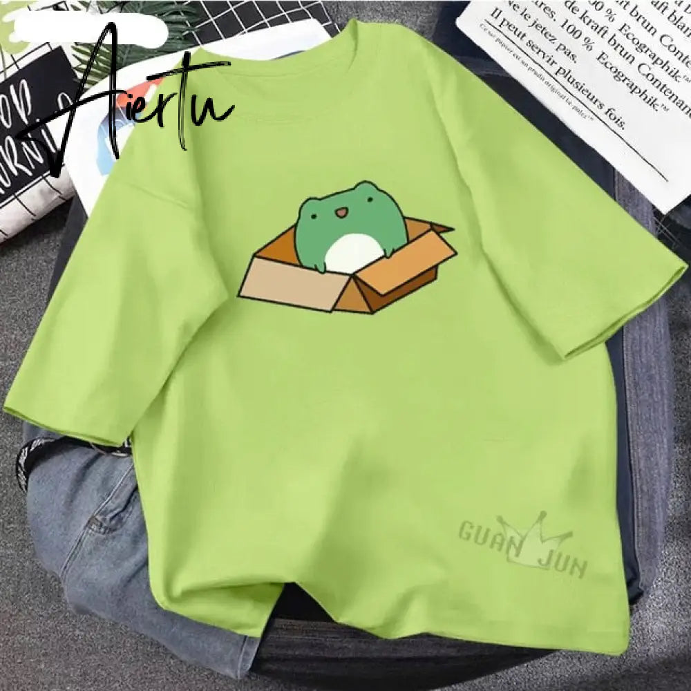 Skateboard Frog Dinosaur Cute Graphic Tee Women Tshirt Green Aesthetic Oversized T Shirt Harajuku Casual Summer Tops Aiertu