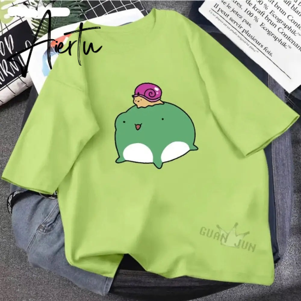 Skateboard Frog Dinosaur Cute Graphic Tee Women Tshirt Green Aesthetic Oversized T Shirt Harajuku Casual Summer Tops Aiertu