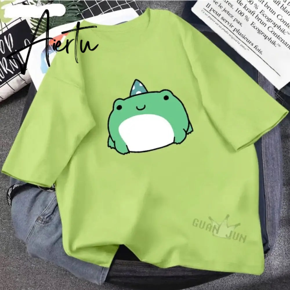 Skateboard Frog Dinosaur Cute Graphic Tee Women Tshirt Green Aesthetic Oversized T Shirt Harajuku Casual Summer Tops Aiertu