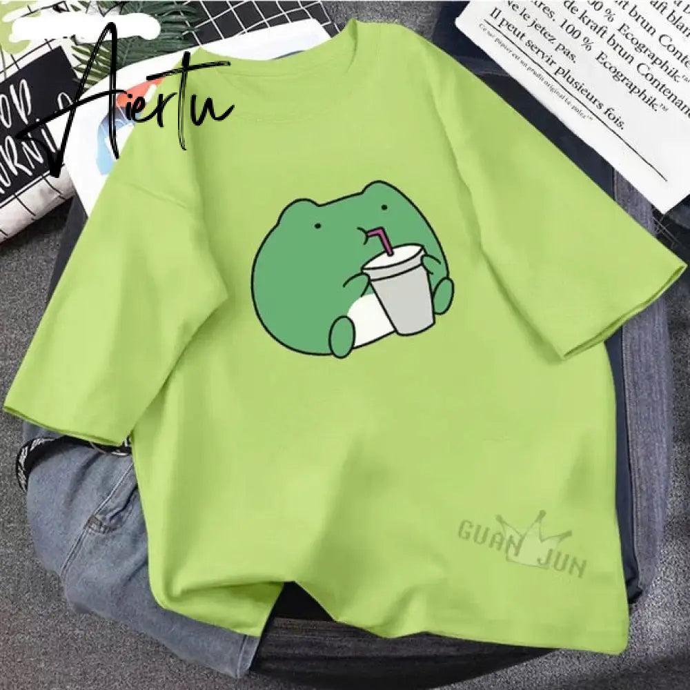 Skateboard Frog Dinosaur Cute Graphic Tee Women Tshirt Green Aesthetic Oversized T Shirt Harajuku Casual Summer Tops Aiertu