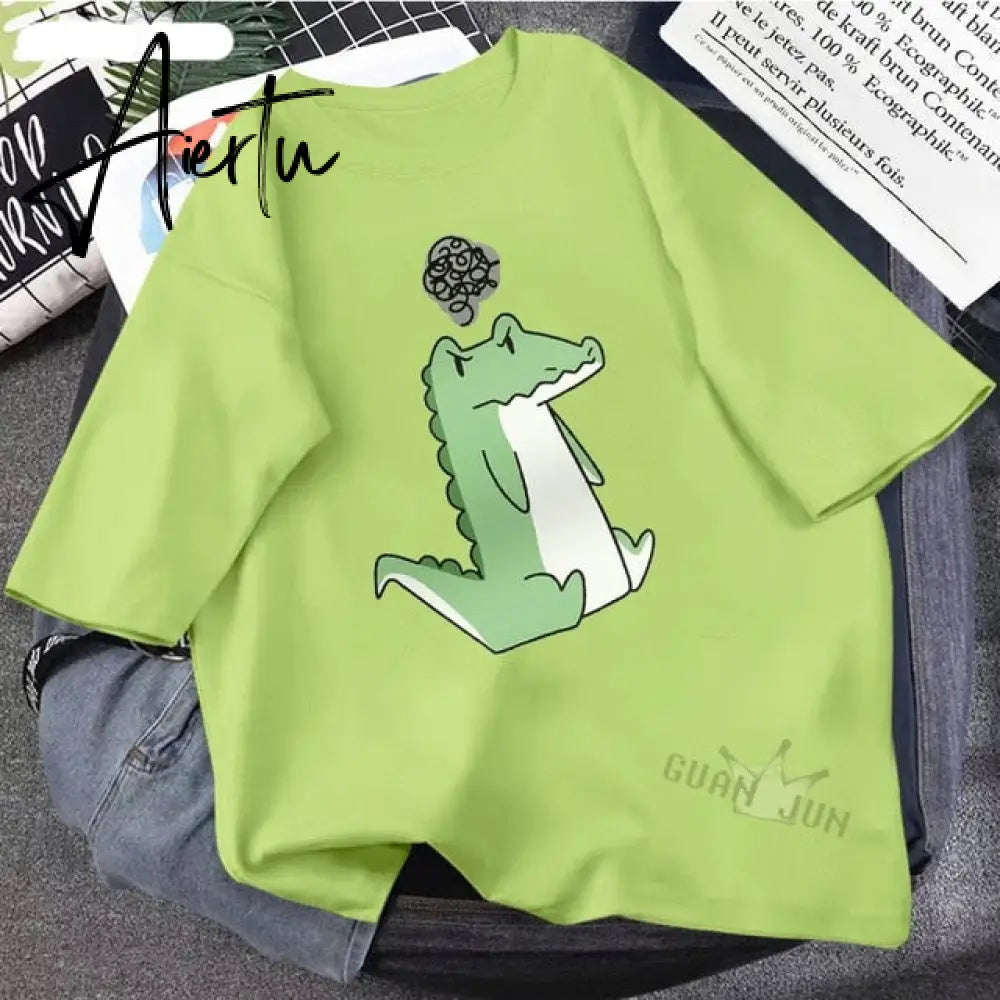 Skateboard Frog Dinosaur Cute Graphic Tee Women Tshirt Green Aesthetic Oversized T Shirt Harajuku Casual Summer Tops Aiertu