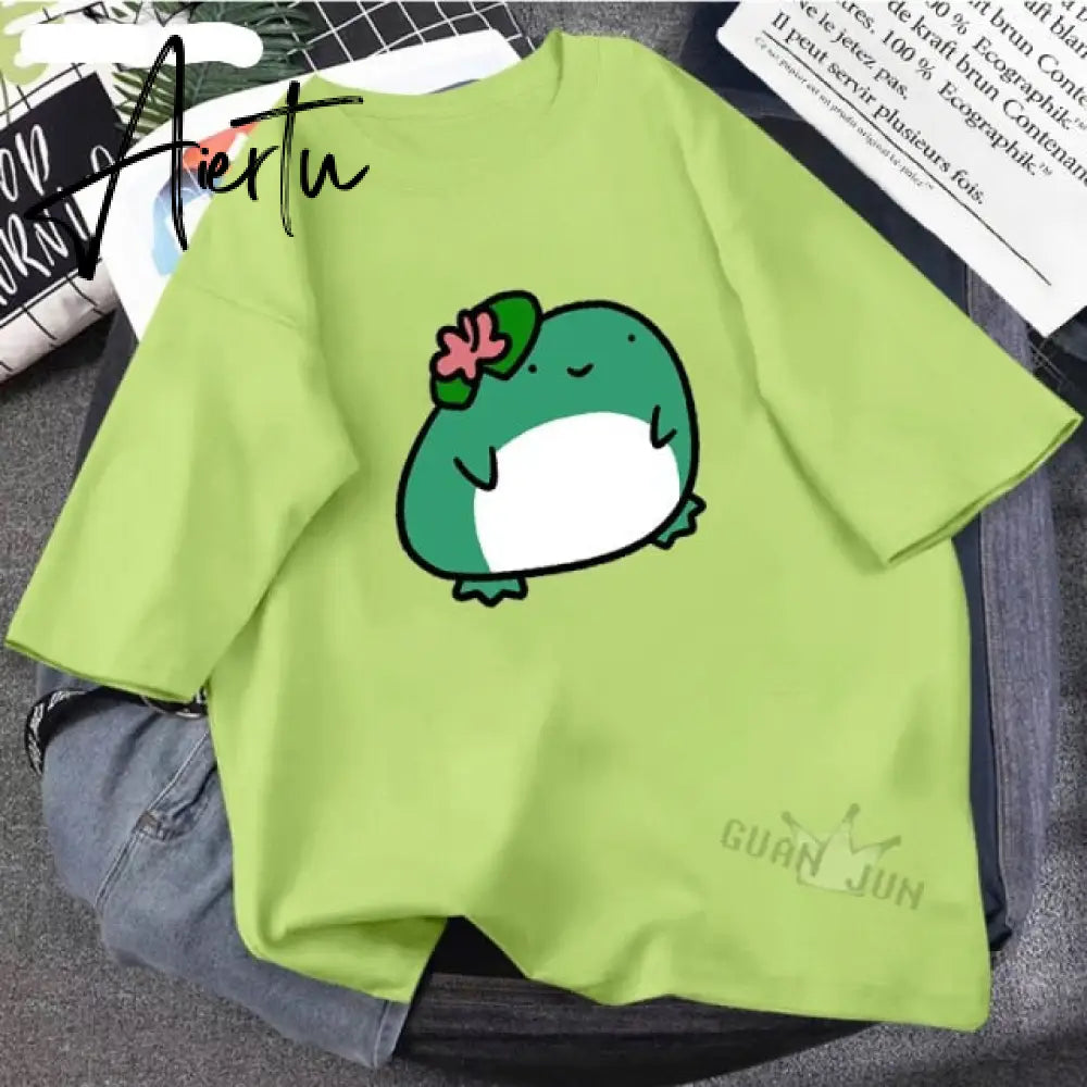 Skateboard Frog Dinosaur Cute Graphic Tee Women Tshirt Green Aesthetic Oversized T Shirt Harajuku Casual Summer Tops Aiertu