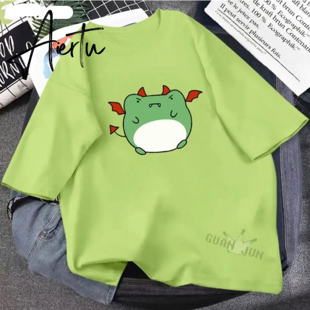 Skateboard Frog Dinosaur Cute Graphic Tee Women Tshirt Green Aesthetic Oversized T Shirt Harajuku Casual Summer Tops Aiertu