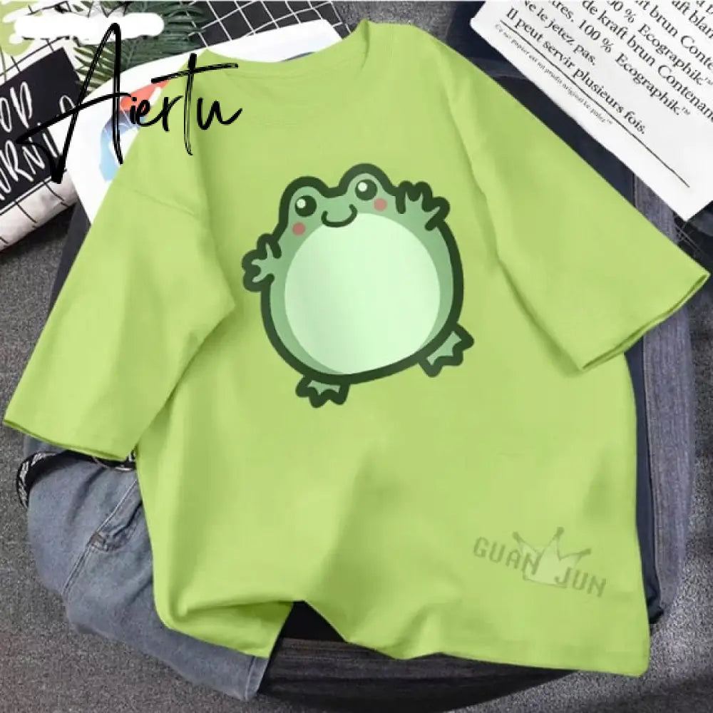 Skateboard Frog Dinosaur Cute Graphic Tee Women Tshirt Green Aesthetic Oversized T Shirt Harajuku Casual Summer Tops Aiertu