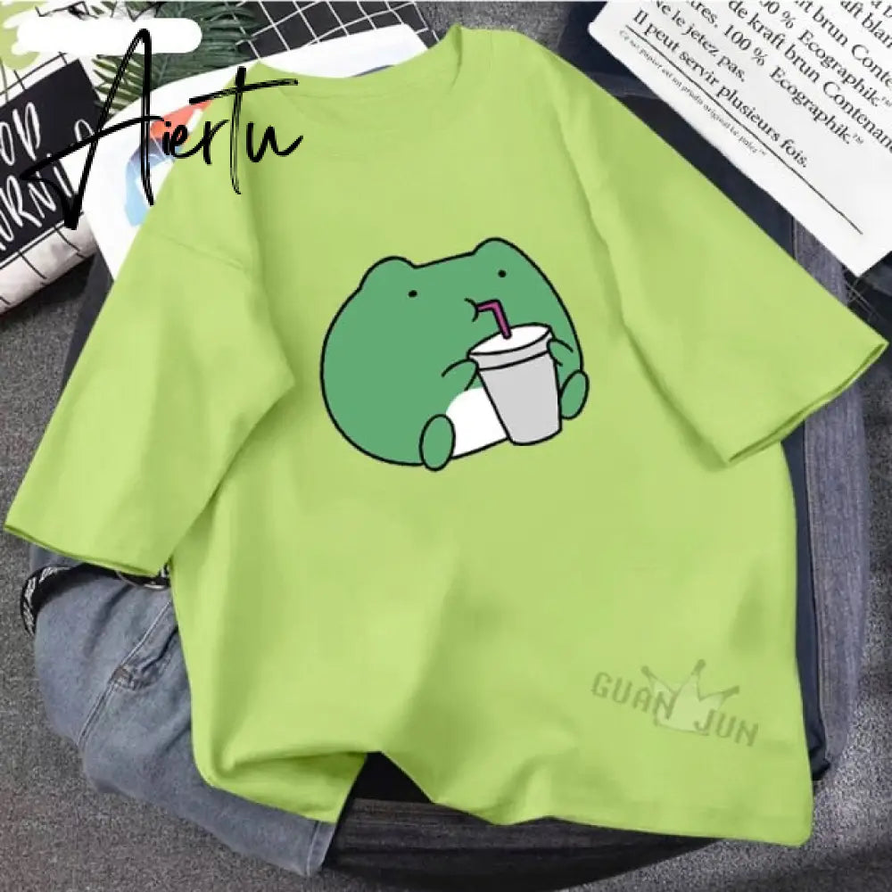 Skateboard Frog Dinosaur Cute Graphic Tee Women Tshirt Green Aesthetic Oversized T Shirt Harajuku Casual Summer Tops Aiertu