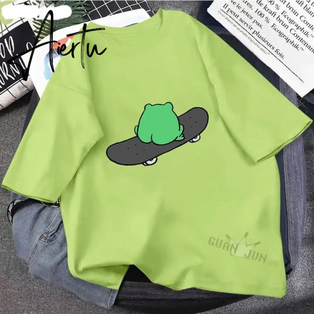 Skateboard Frog Dinosaur Cute Graphic Tee Women Tshirt Green Aesthetic Oversized T Shirt Harajuku Casual Summer Tops Aiertu