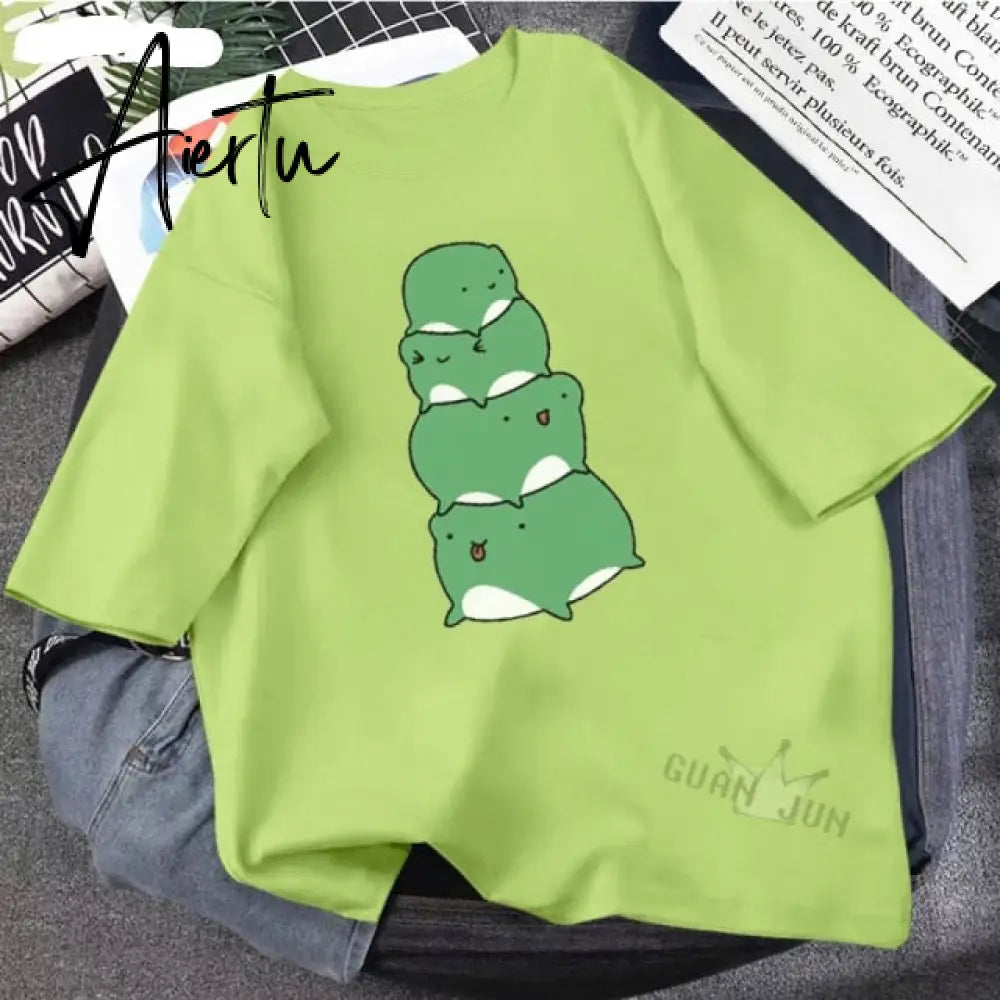 Skateboard Frog Dinosaur Cute Graphic Tee Women Tshirt Green Aesthetic Oversized T Shirt Harajuku Casual Summer Tops Aiertu