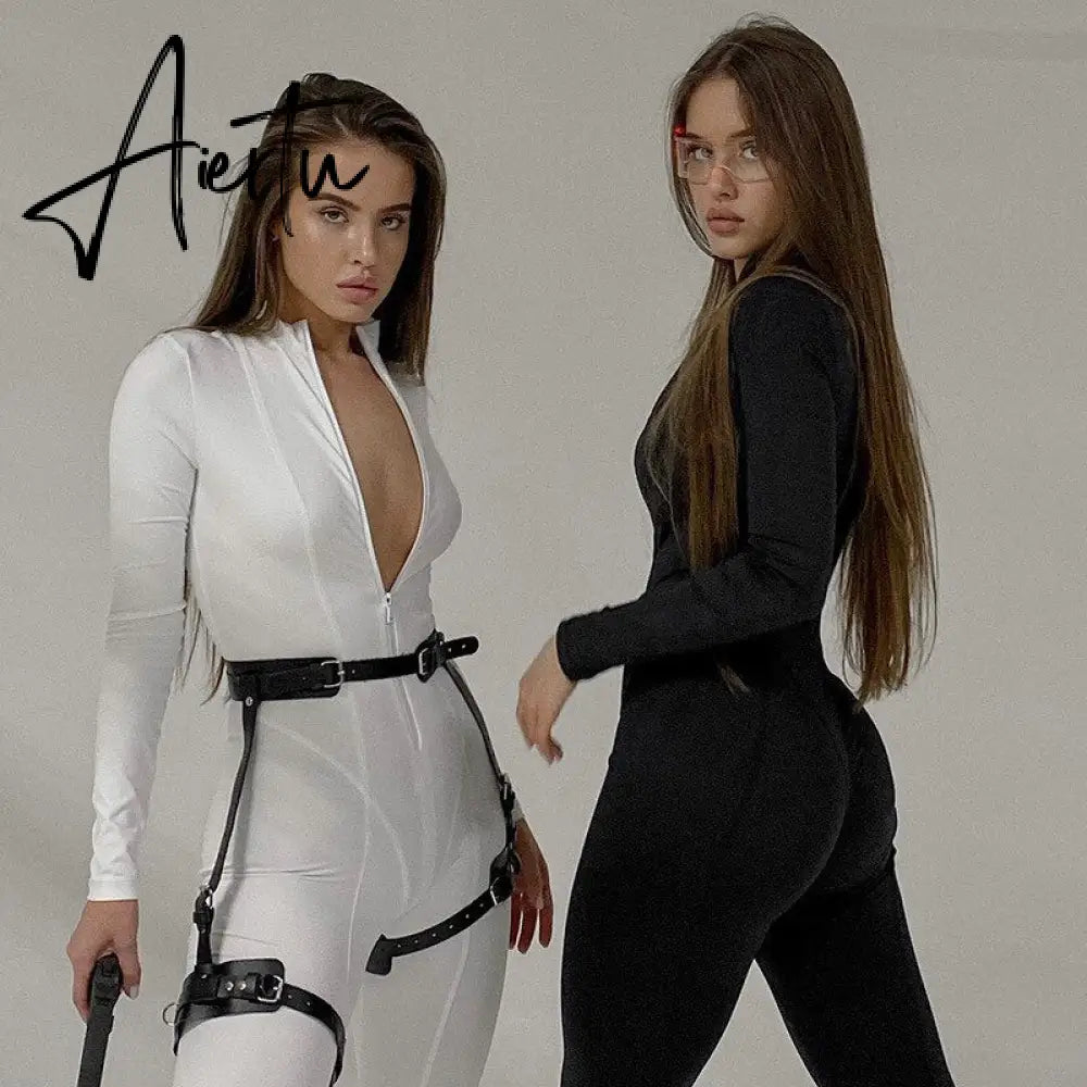 Skinny Sport Jumpsuit Women Casual White Long Sleeve Bodycon One Pieces Sexy Club Outfits Body Tops Autumn Overalls Aiertu