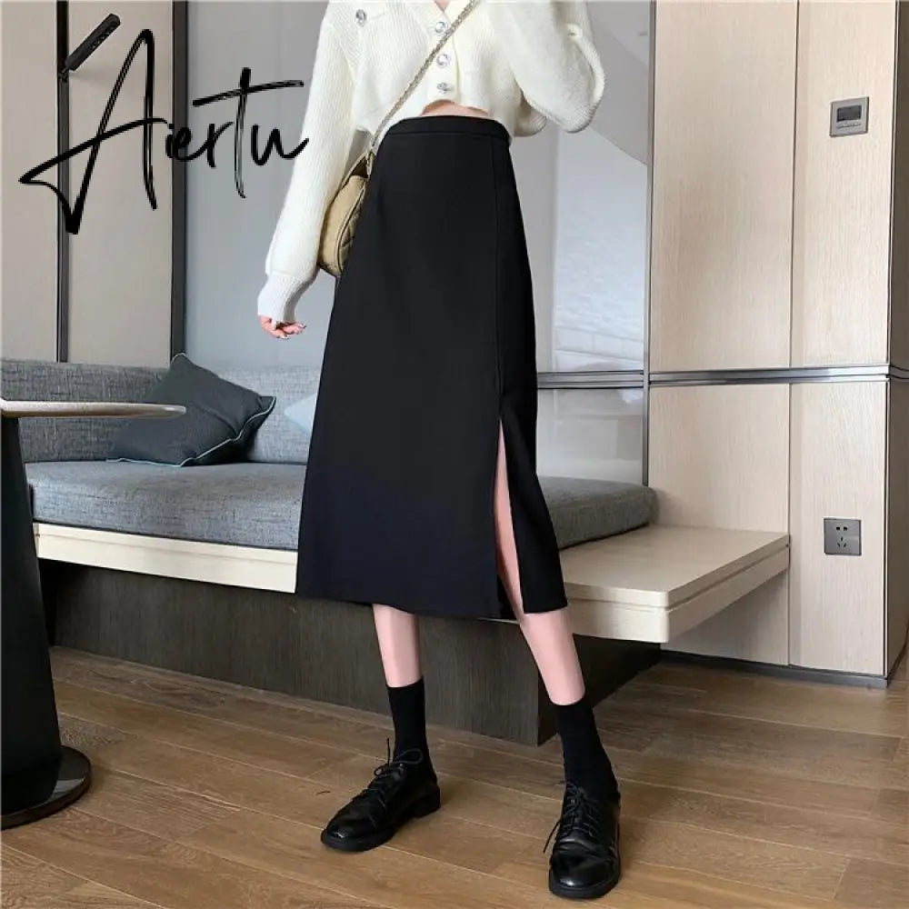 Skirts Women Black High-waist Side-split Midi Skirt Ladies Stretchy Body-con A-line Vintage Elegant All-match Simple Fashion New Aiertu