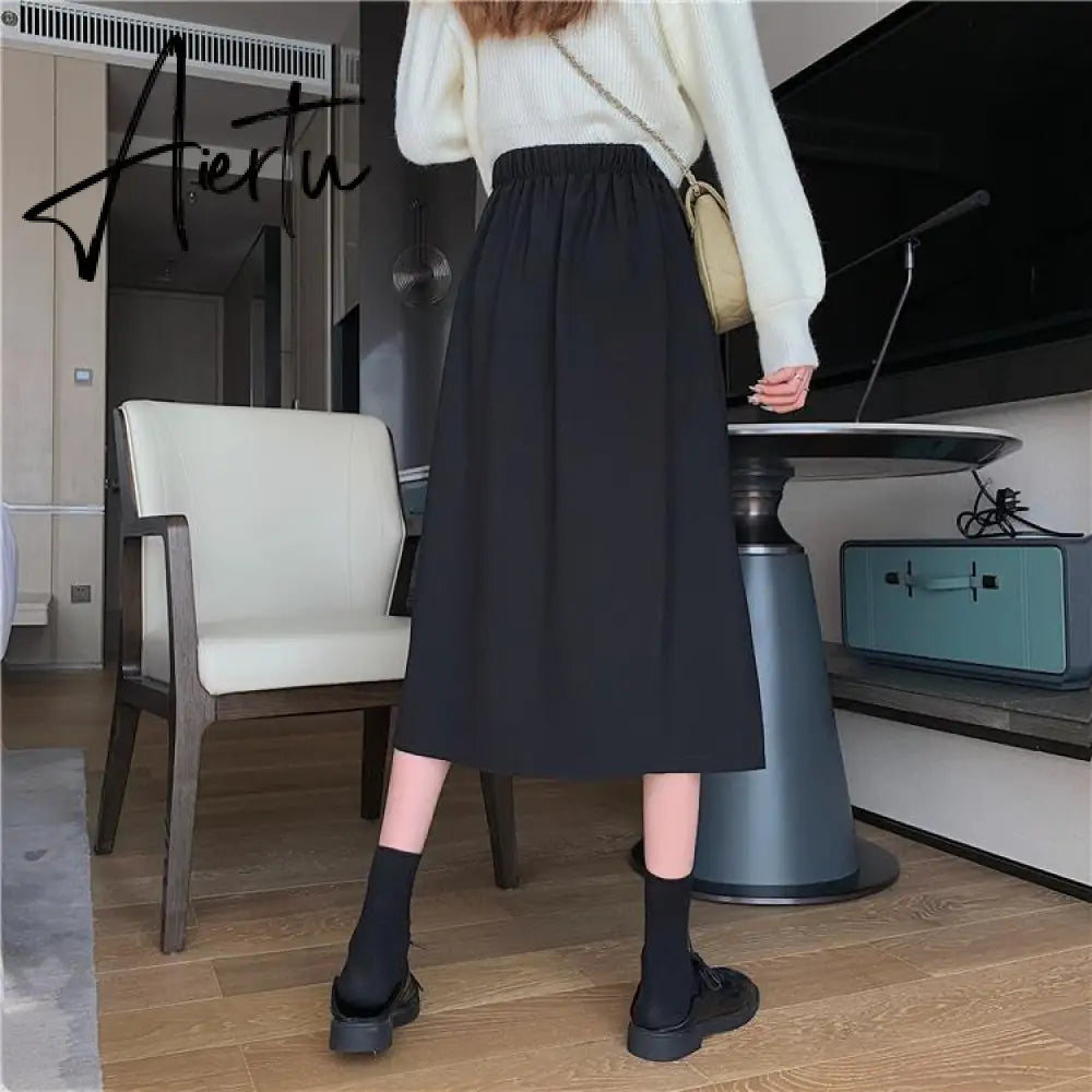 Skirts Women Black High-waist Side-split Midi Skirt Ladies Stretchy Body-con A-line Vintage Elegant All-match Simple Fashion New Aiertu