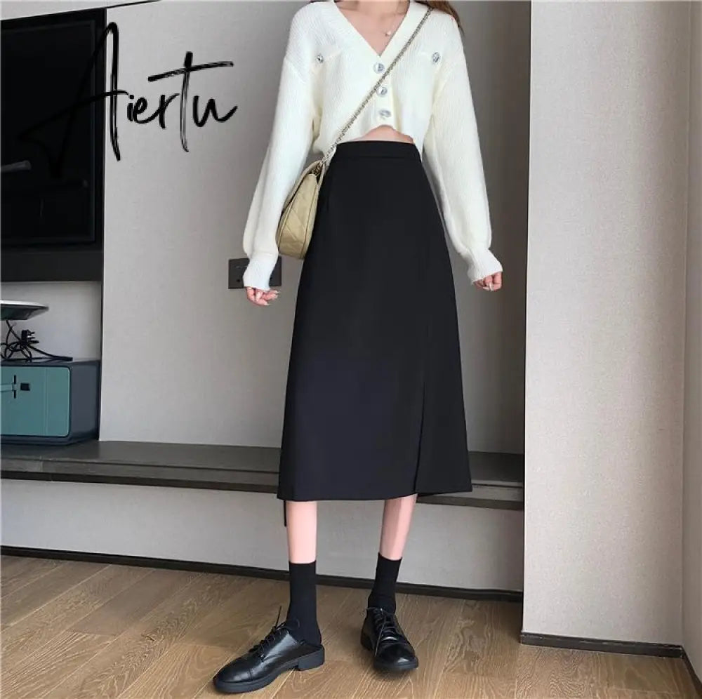 Skirts Women Black High-waist Side-split Midi Skirt Ladies Stretchy Body-con A-line Vintage Elegant All-match Simple Fashion New Aiertu