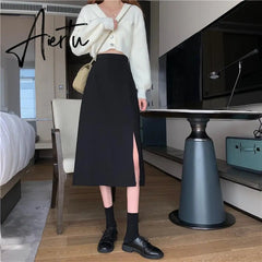 Skirts Women Black High-waist Side-split Midi Skirt Ladies Stretchy Body-con A-line Vintage Elegant All-match Simple Fashion New Aiertu