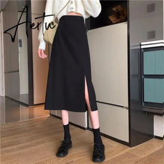 Skirts Women Black High-waist Side-split Midi Skirt Ladies Stretchy Body-con A-line Vintage Elegant All-match Simple Fashion New Aiertu