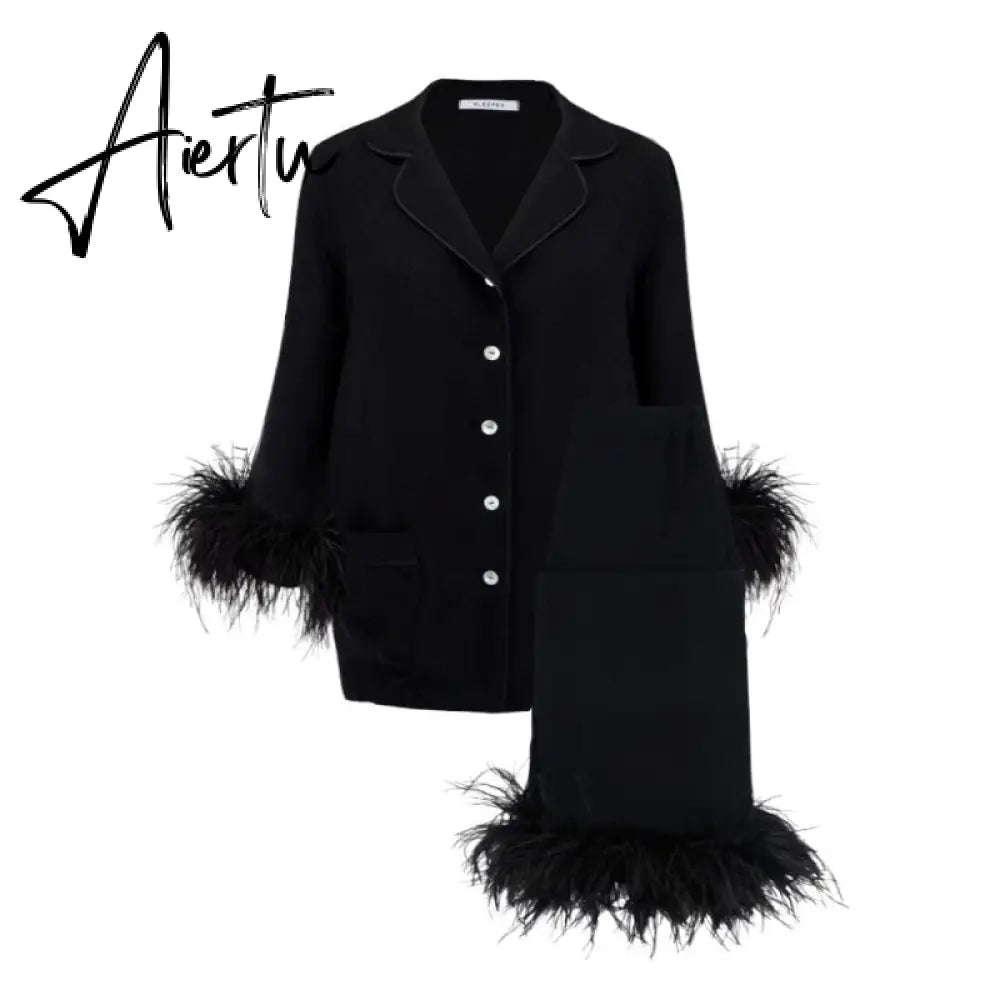 Sleepwear for Women New Cute Silk Cotton Light Luxury Ostrich Wool Pajamas Two-Piece Set Solid Color Home Suit Aiertu