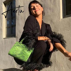 Sleepwear for Women New Cute Silk Cotton Light Luxury Ostrich Wool Pajamas Two-Piece Set Solid Color Home Suit Aiertu