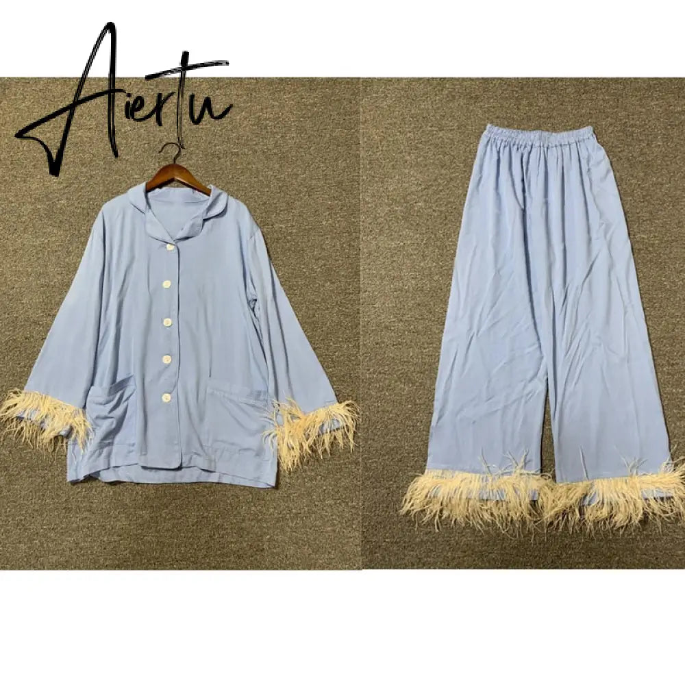 Sleepwear for Women New Cute Silk Cotton Light Luxury Ostrich Wool Pajamas Two-Piece Set Solid Color Home Suit Aiertu