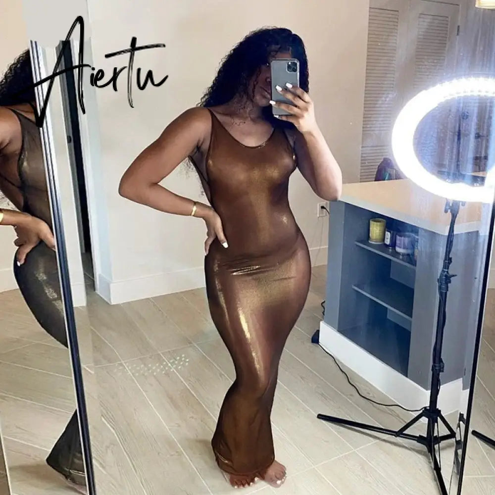 Sleeveless  Backless Skinny Sexy Maxi Dress Autumn Winter Women Fashion Party Club Clothings Aiertu