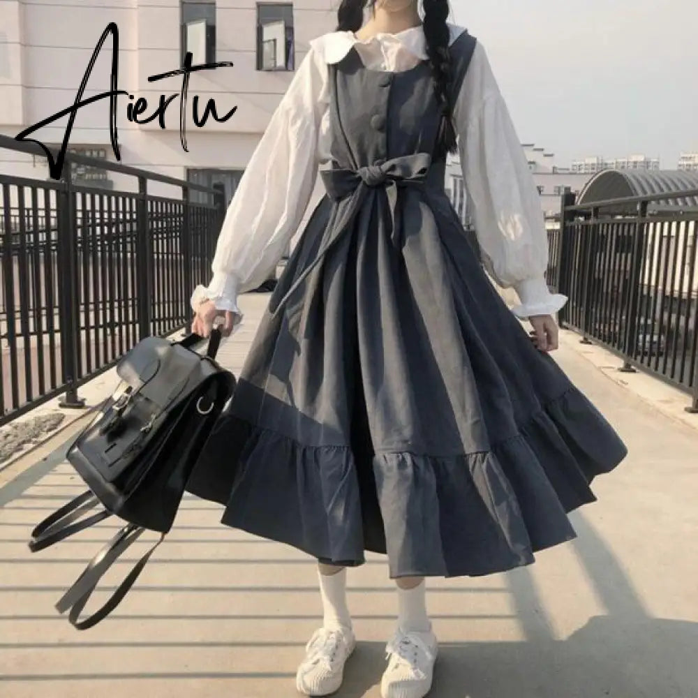 Sleeveless Dress Women New Ulzzang College Style Summer Sweet Ruffles Girls Long Dresses High Waist Kawaii Bowknot Plus Size 4XL Aiertu