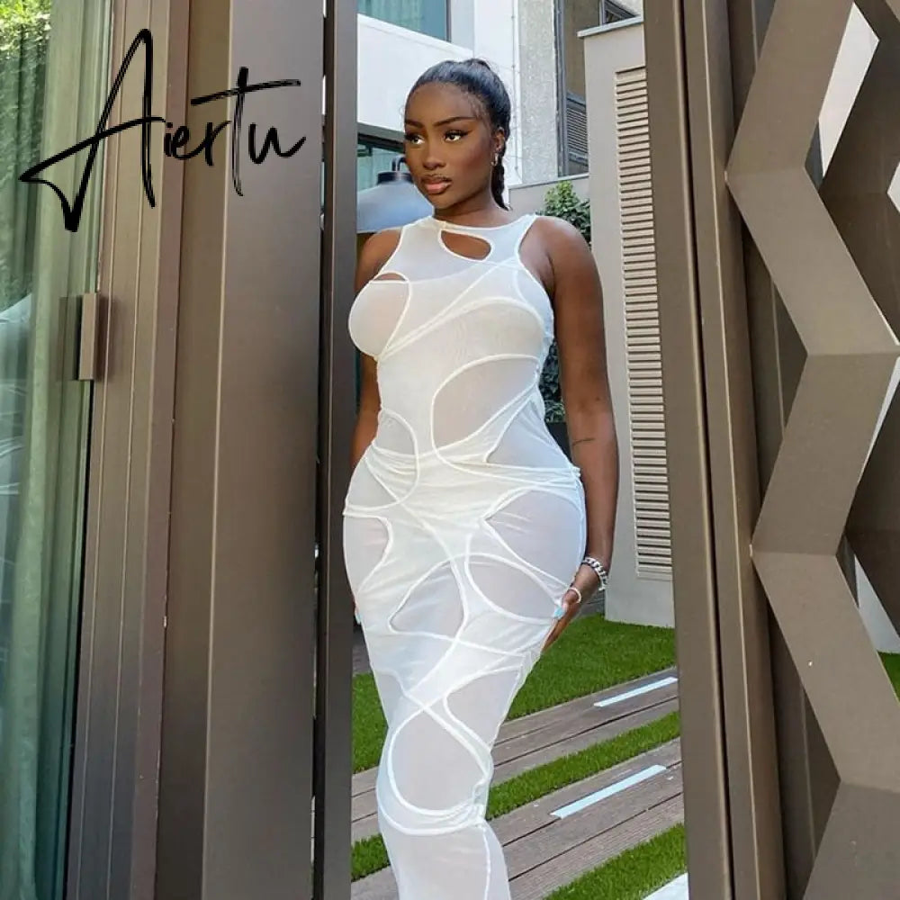 Sleeveless O-Neck Solid Patchwork Mesh Maxi Dress Autumn Winter Women Fashion Sexy Party Club Elegant Clthings Aiertu
