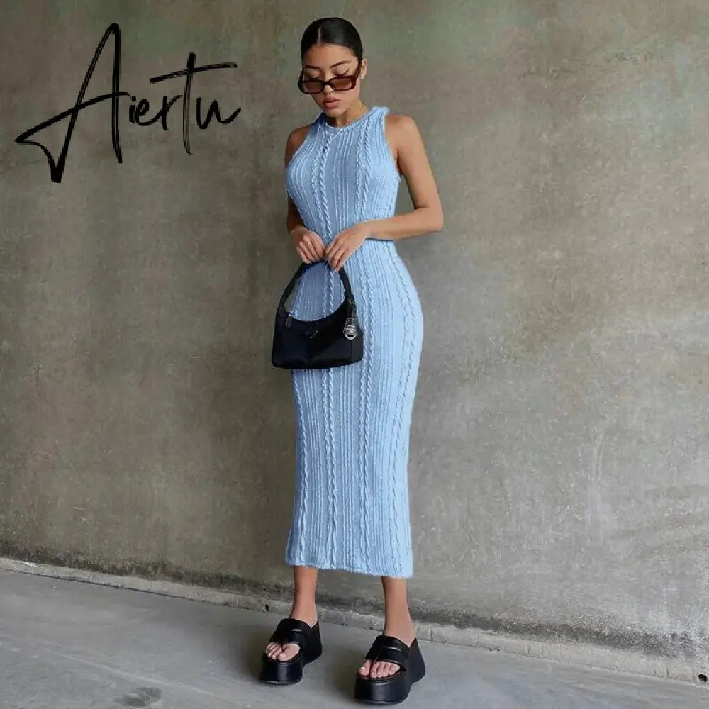 Sleeveless O-Neck Sweater Bodycon Crochet Solid Sexy Dress Summer Women Streetwear Party Club Elegant Clothing Y2K Aiertu