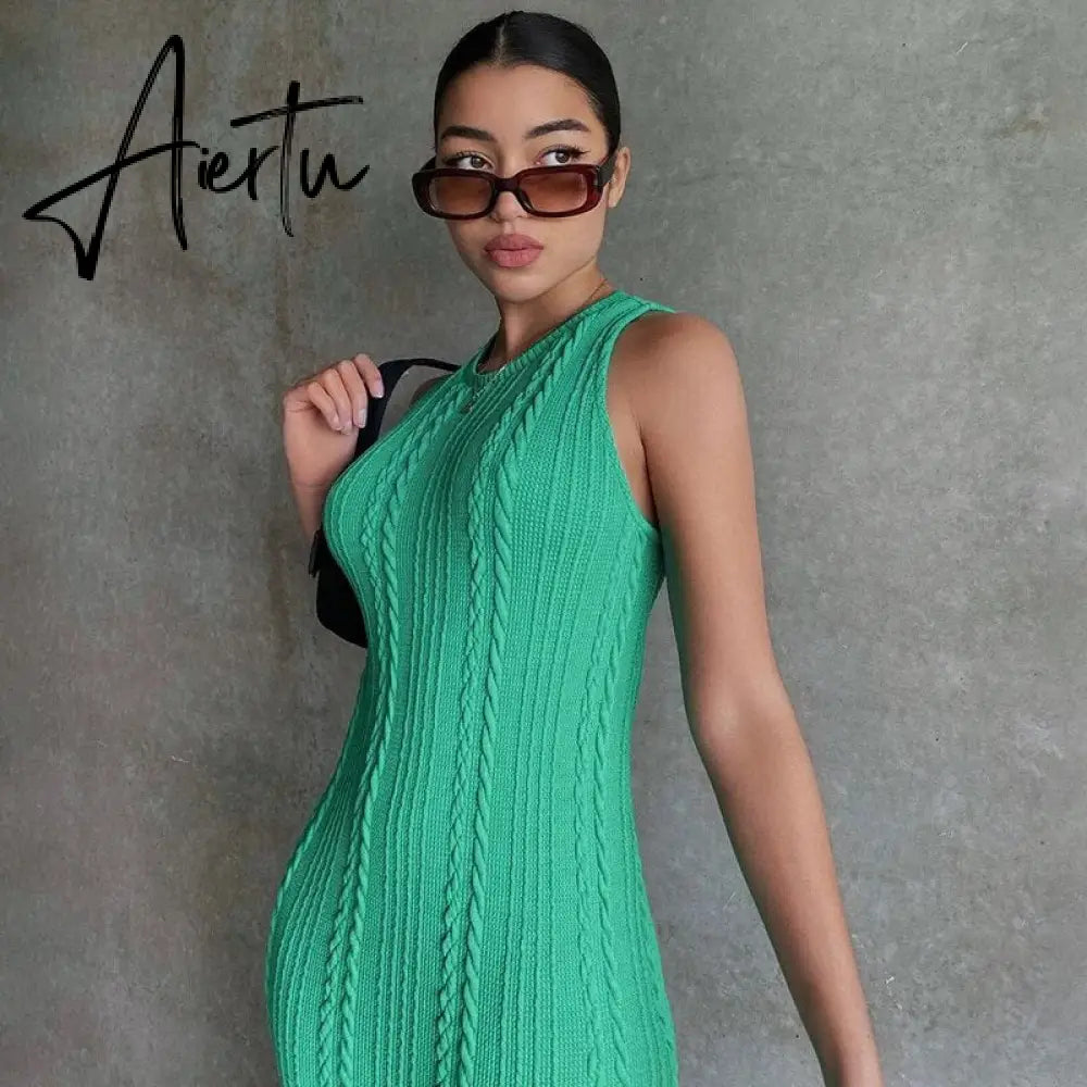 Sleeveless O-Neck Sweater Bodycon Crochet Solid Sexy Dress Summer Women Streetwear Party Club Elegant Clothing Y2K Aiertu