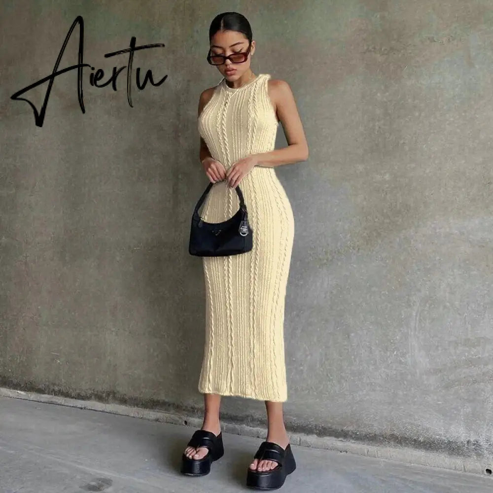 Sleeveless O-Neck Sweater Bodycon Crochet Solid Sexy Dress Summer Women Streetwear Party Club Elegant Clothing Y2K Aiertu