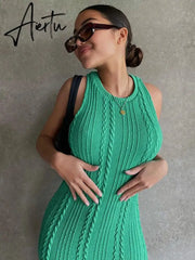 Sleeveless O-Neck Sweater Bodycon Crochet Solid Sexy Dress Summer Women Streetwear Party Club Elegant Clothing Y2K Aiertu