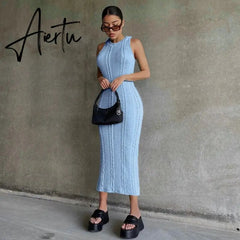 Sleeveless O-Neck Sweater Bodycon Crochet Solid Sexy Dress Summer Women Streetwear Party Club Elegant Clothing Y2K Aiertu