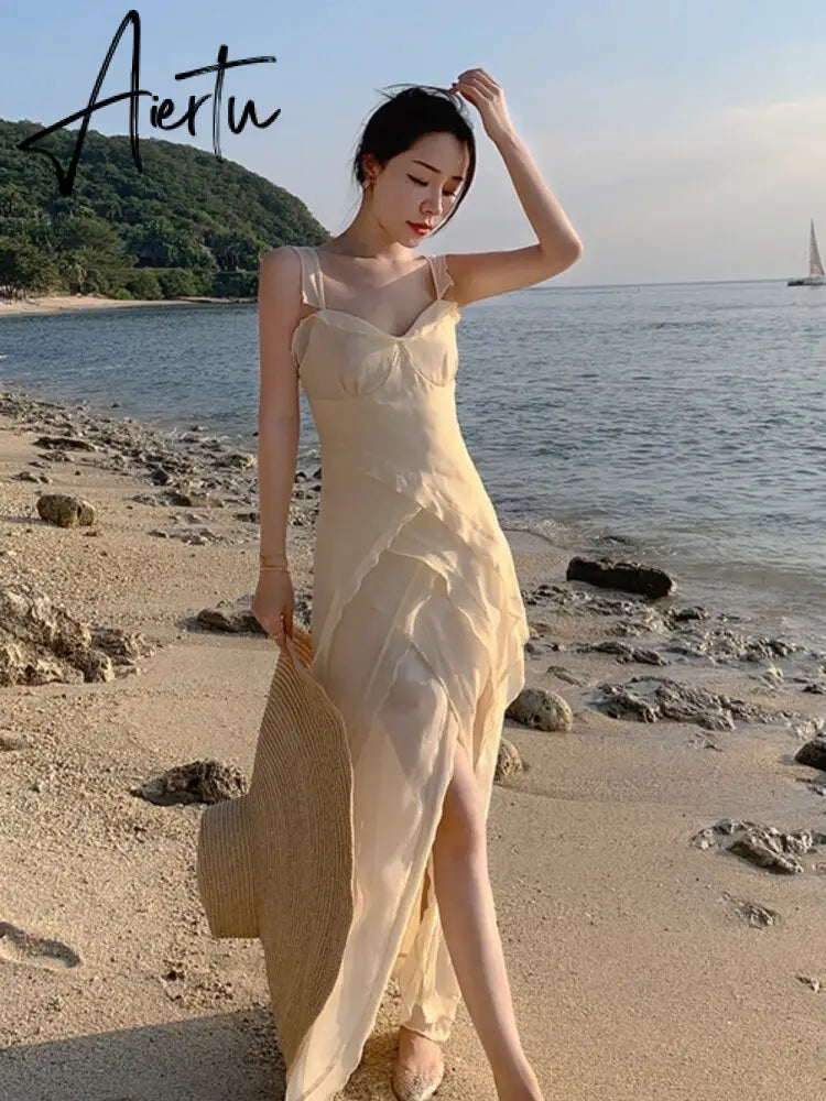 Sling Party Ruffle Holiday Dresses Women Spaghetti Strap Beach Long Dress Summer Slit Vintage Boho Vestido Aiertu